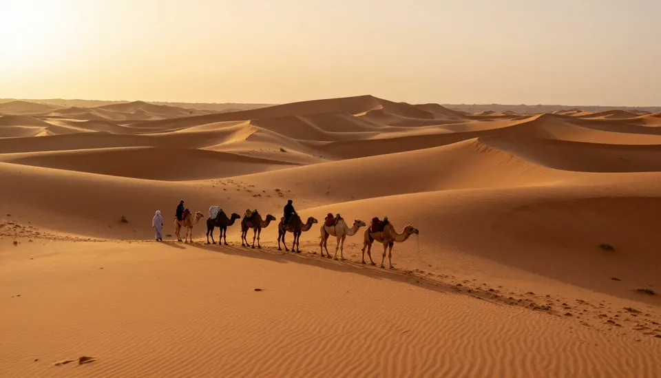 Caravana de camellos cruzando las dunas del Erg Chebbi en el desierto de Merzouga, Marruecos, al atardecer.