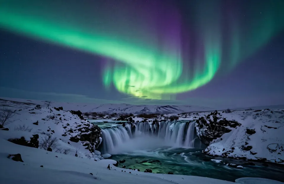 Aurora boreal sobre una cascada nevada en Islandia