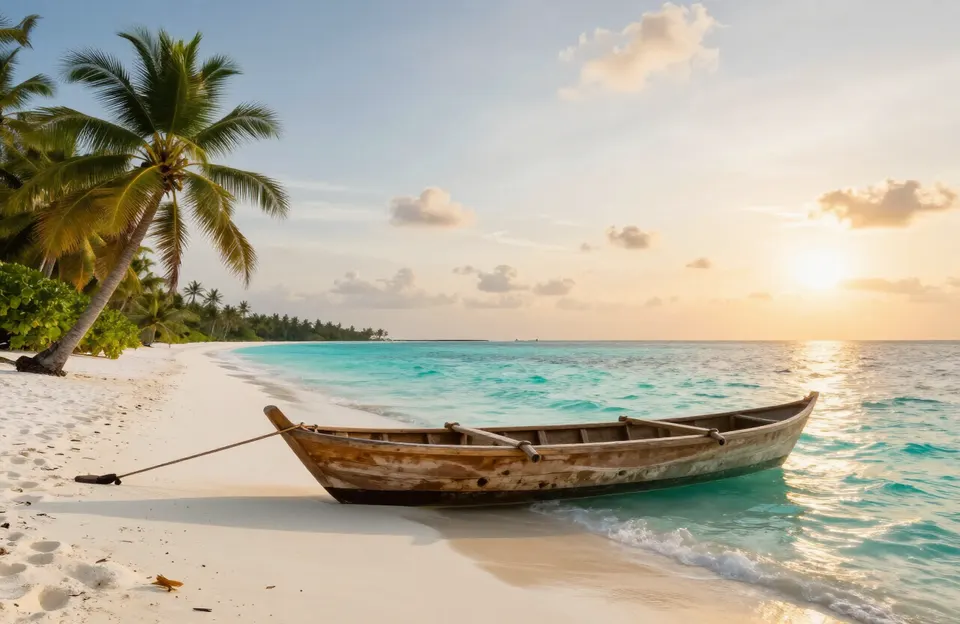 Playa tropical de Maldivas con barco tradicional dhoni y aguas cristalinas.